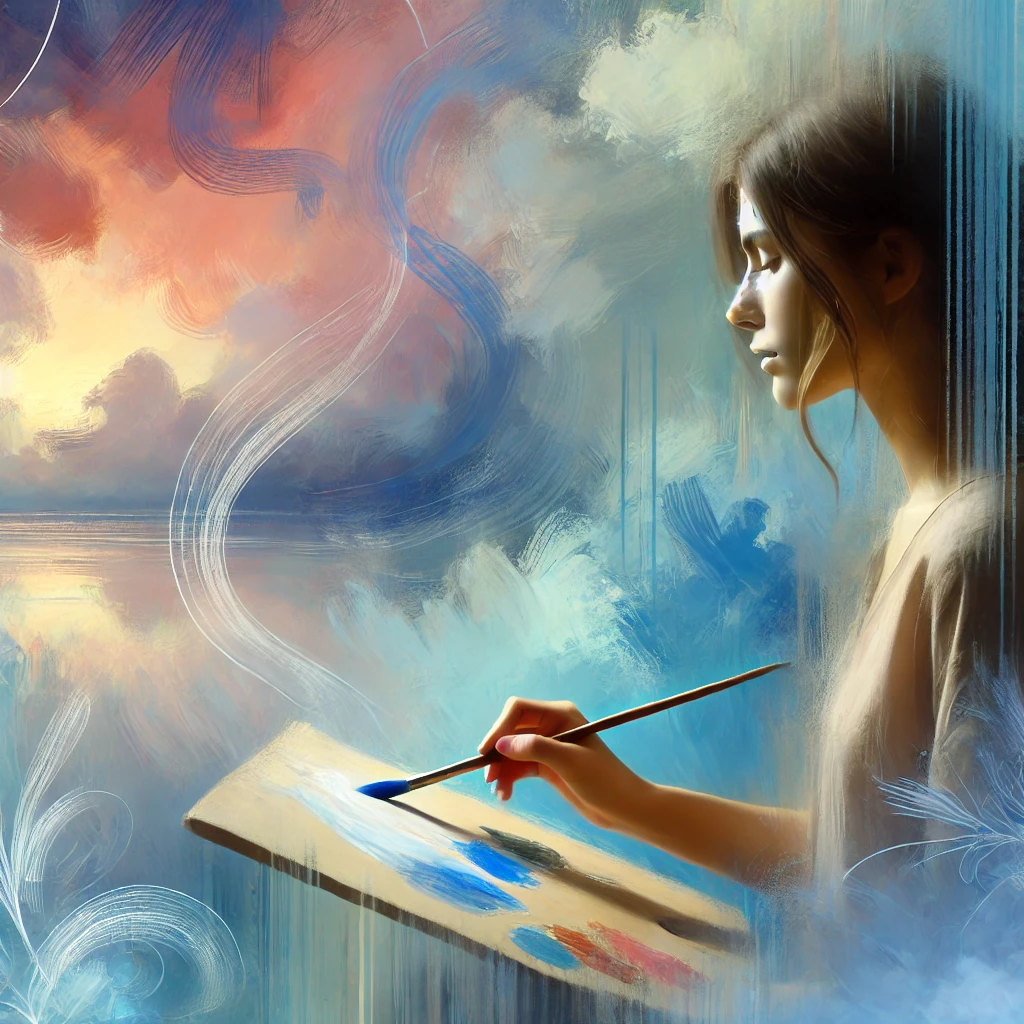 DALL·E 2025 02 03 12.27.52 A serene and expressive digital painting of a person using art as therapy. The image depicts a person painting on a large canvas surrounded by calmin