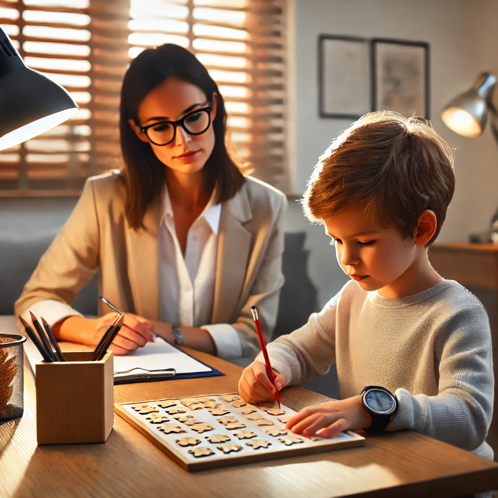 DALL·E 2025 02 10 15.26.05 A young child taking an IQ test with a psychologist in a well lit office. The psychologist a professional woman with glasses is attentively observin