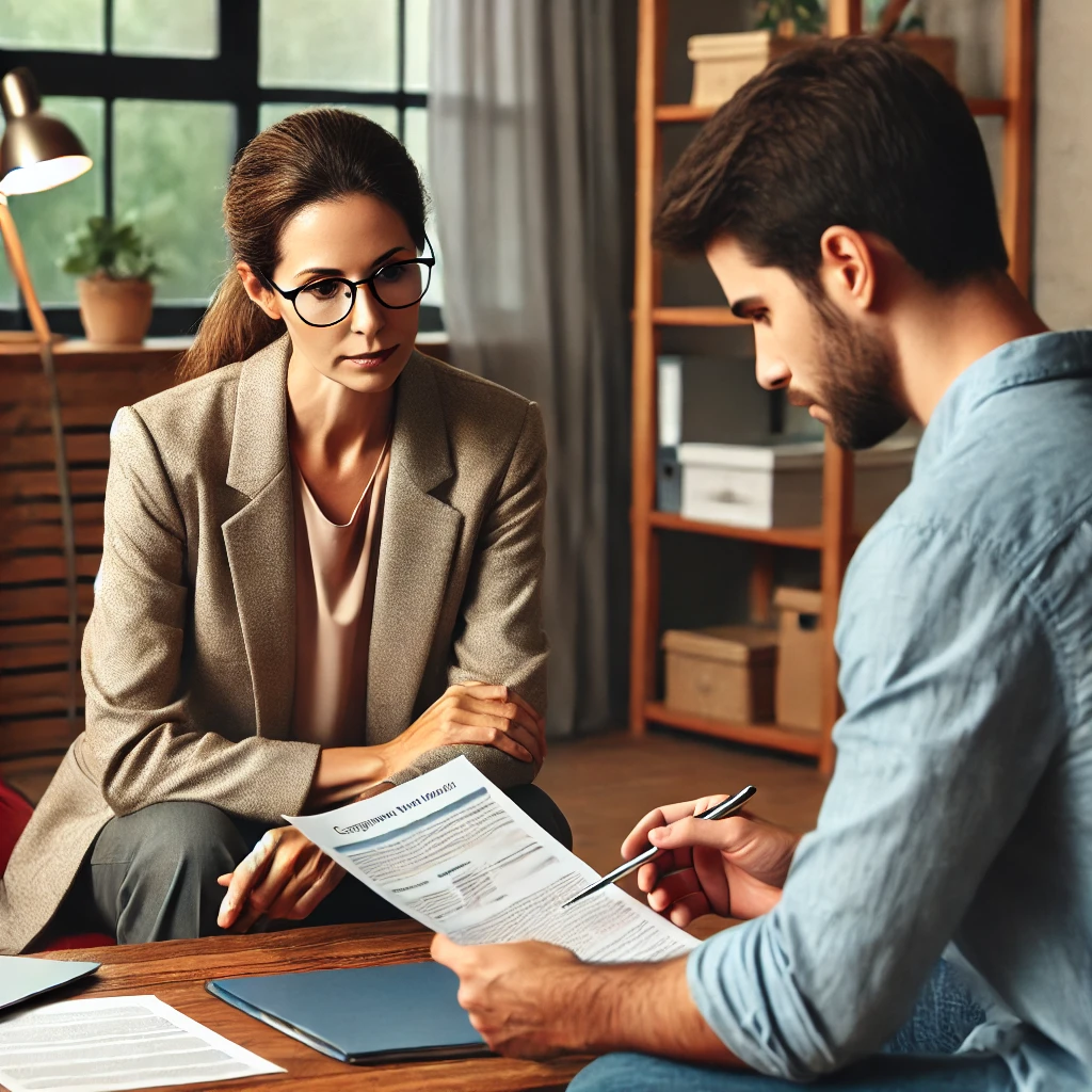 DALL·E 2025 02 10 15.27.10 A psychologist analyzing cognitive test results with a parent in a professional office setting. The psychologist a professional woman with glasses i