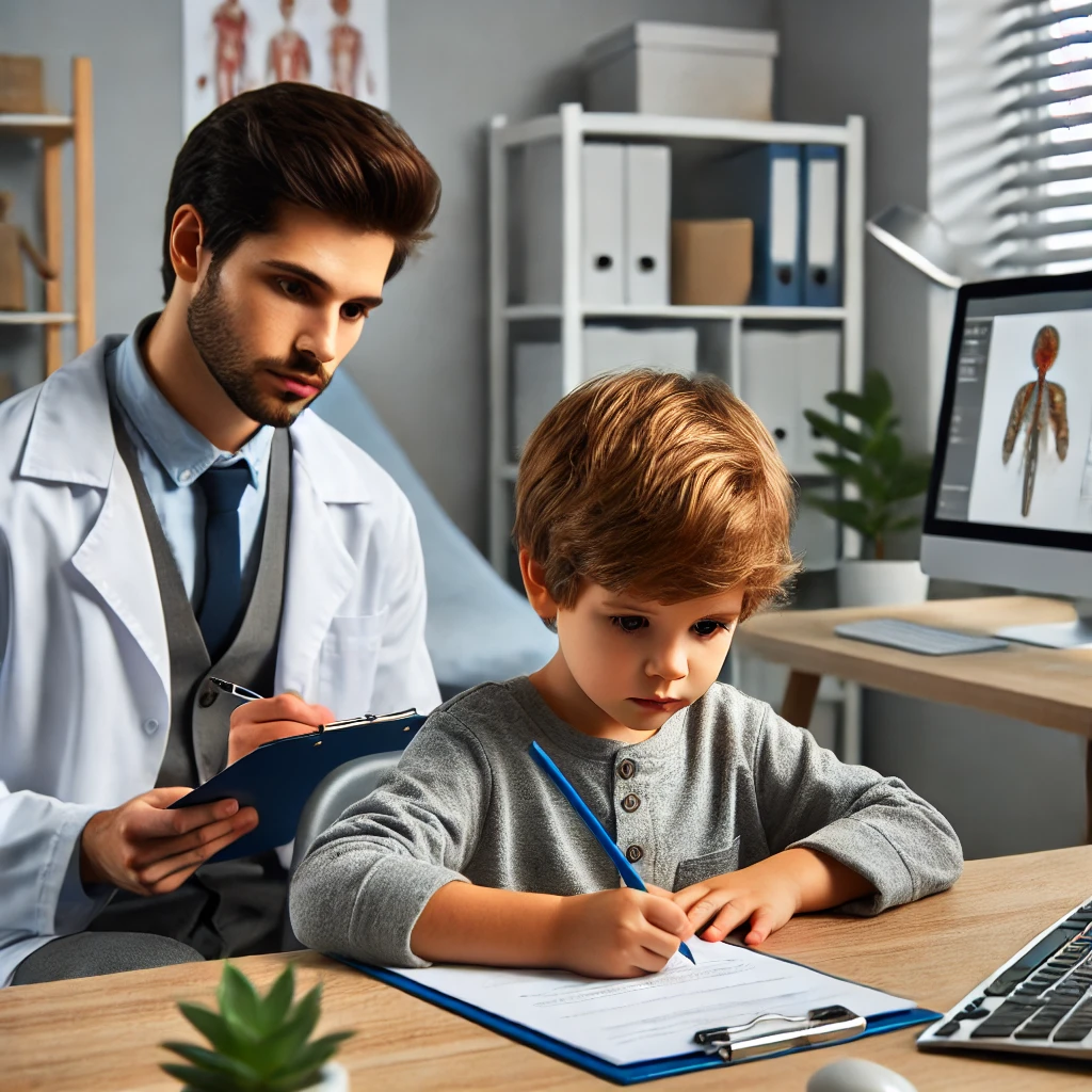 DALL·E 2025 02 10 15.28.09 A young child undergoing an ADHD concentration test in a professional office setting. The child is seated at a desk focusing on a computer screen or